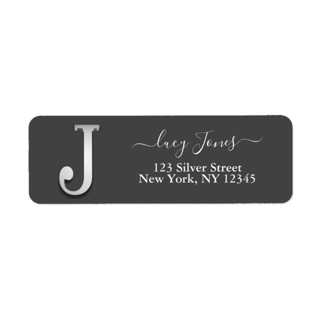 Elegant Silver Anpassningsbar Monogram J Namn Returadress Etikett (Framsidan)