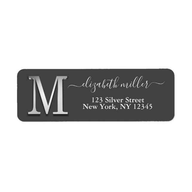 Elegant Silver Anpassningsbar Monogram M Namn Returadress Etikett (Framsidan)