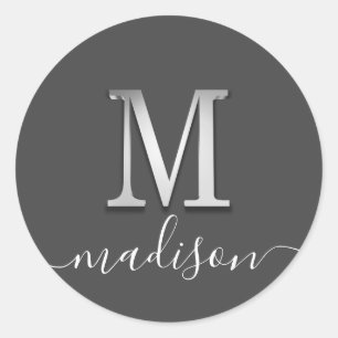 Elegant Silver Anpassningsbar Monogram M Namn Runt Klistermärke