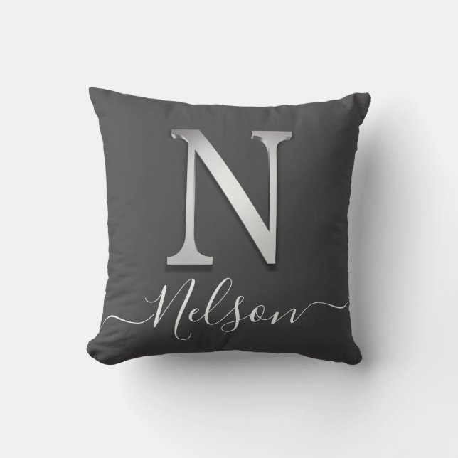 Elegant Silver Anpassningsbar Monogram N Namn Deko Kudde (Framsida)