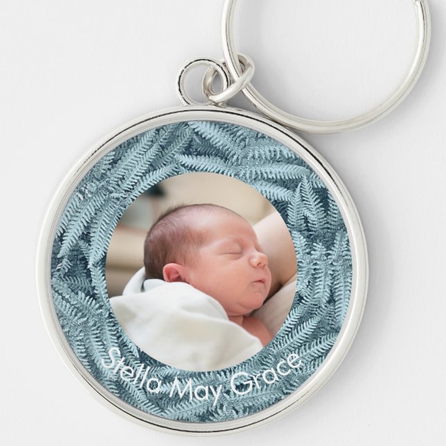 ELEGANT SILVER BABY PHOTO NAMN FERN PERSONLIG RUND SILVERFÄRGAD NYCKELRING (Framsidan)