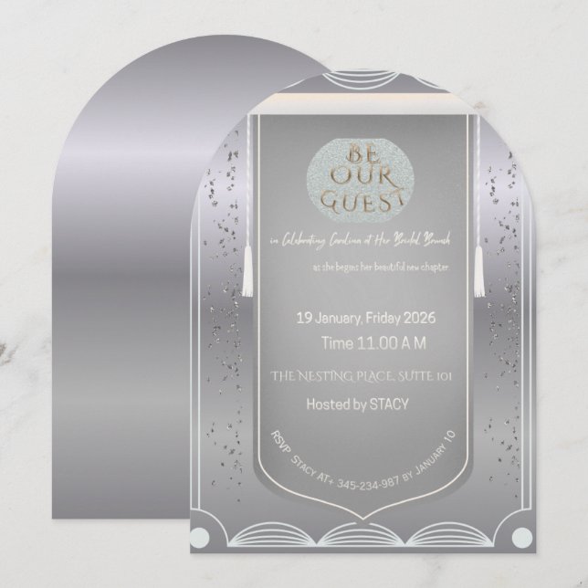 Elegant Silver Be Our Guest Inbjudningskort, Custo Inbjudningar (Fram/baksida)