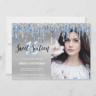 Elegant silver blå glitter droppar sweet sixteen inbjudningar