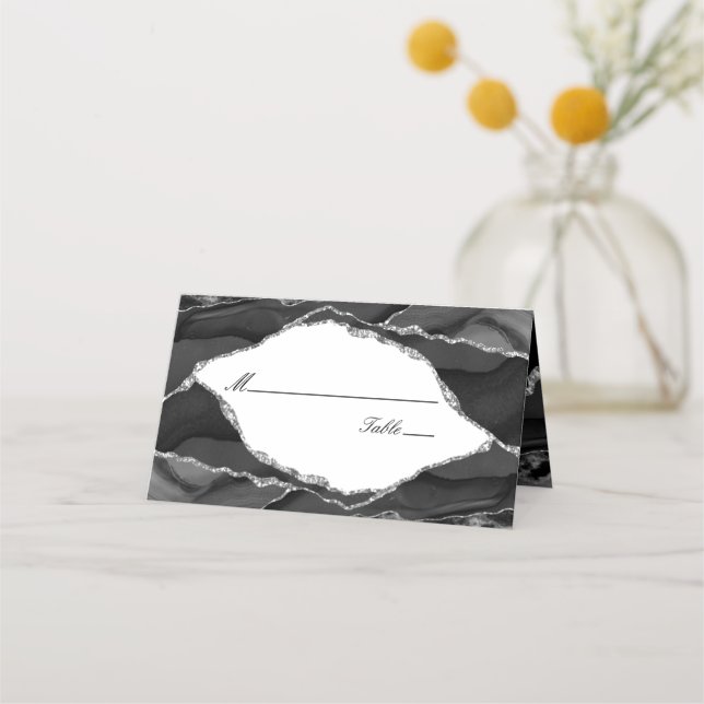 Elegant Silver Black Agate Bröllop Placeringskort (Framsida)