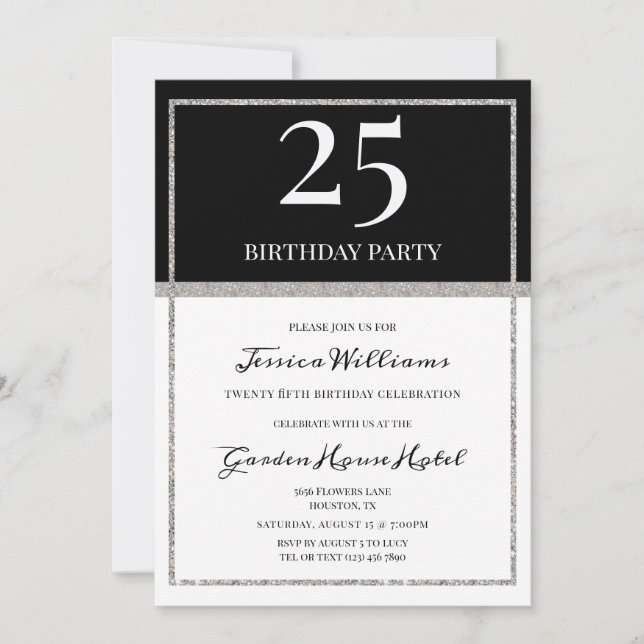 Elegant Silver & Black Birthday Inbjudningar (Framsida)