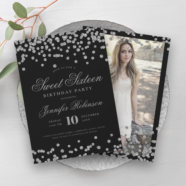 Elegant Silver Black Confetti Photo Sweet 16 Inbjudningar (Elegant Silver Black Confetti Photo Sweet 16 Invitation)