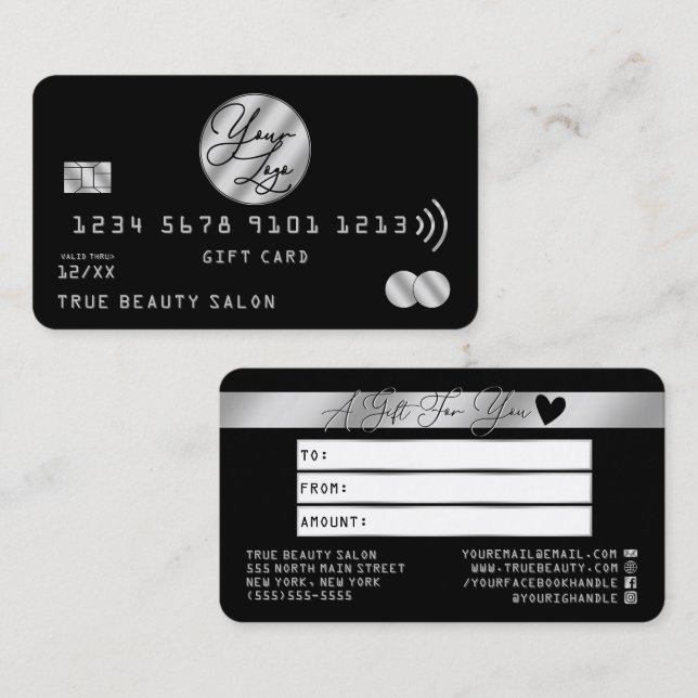 Elegant Silver Black Kredit Logotyp Gift Certifica Visitkort (Fram/baksida)