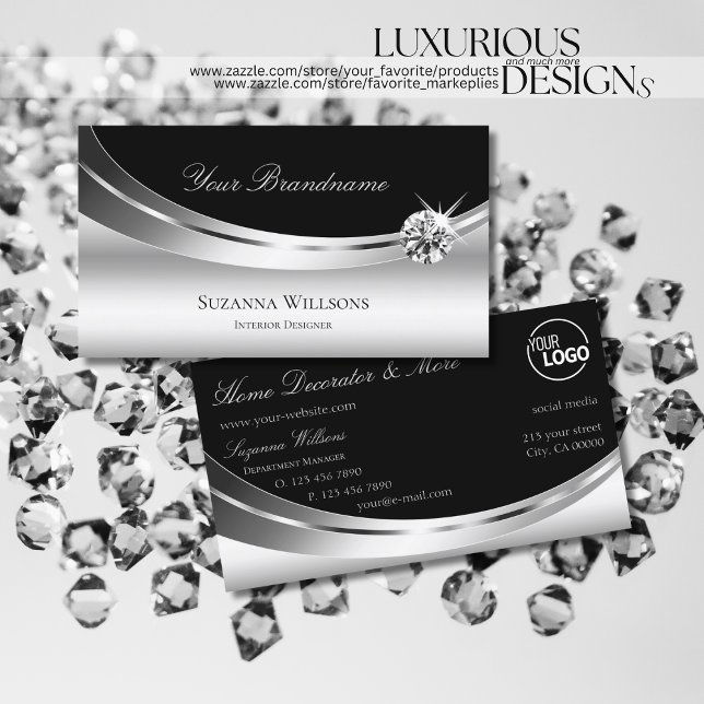 Elegant Silver Black med Logotyp Pärlande Diamond Visitkort (Skapare uppladdad)