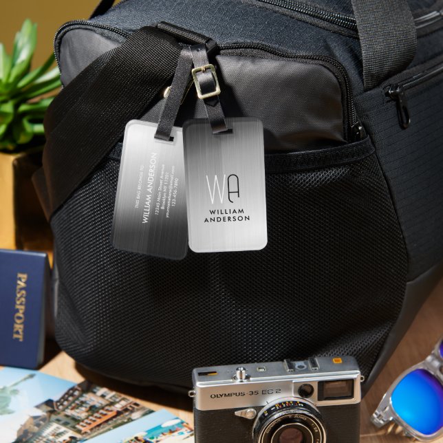 Elegant Silver & Black Metallic Brushed Monogram Bagagebricka (Fram & Baksida)