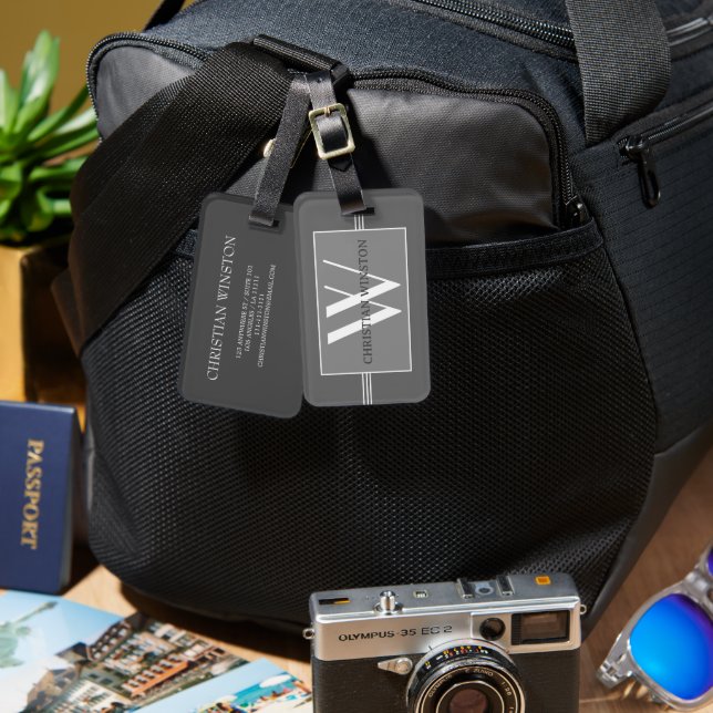 Elegant silver Black monogrammad Namn Personlig Bagagebricka (Fram & Baksida)