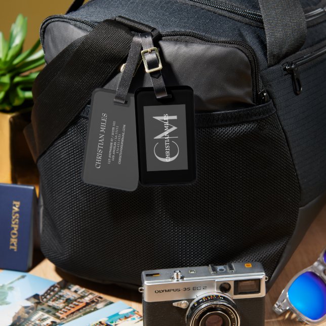 Elegant silver Black monogrammad Namn Personlig Bagagebricka (Fram & Baksida)