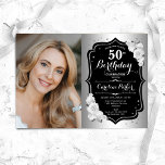 Elegant Silver Black Photo 50:e födelsedagen<br><div class="desc">Femininininbjudan till elegantens blommigt på 50 år med ditt foto. Glam-design med faux silver. Funktioner vit ros, typsnitt för skript och konfiguration. Perfekt för en snyggt vuxen under firande party. Anpassa med dina egna detaljer. Kan anpassas för vilken ålder som helst! Skrivna Zazzle-inbjudningar eller digital utskrivbar mall för omedelbar nedladdning....</div>
