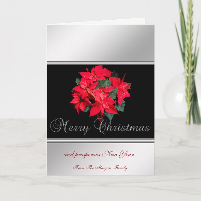 Elegant Silver, Black, Poinsettia -Personlig Helgkort (Framsida)
