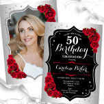 Elegant Silver Black Red Photo 50:e födelsedagen Inbjudningar<br><div class="desc">Femininininbjudan till elegantens blommigt på 50 års födelsedag med ditt foto på baksidan av kortet. Glam-design med faux silver. Funktioner röd ros, typsnitt för skript och konfiguration. Perfekt för en snyggt vuxen under firande party. Anpassa med dina egna detaljer. Kan anpassas för vilken ålder som helst! Skrivna Zazzle-inbjudningar eller digital...</div>