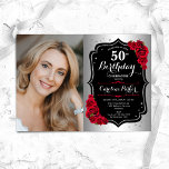 Elegant Silver Black Röd ros Photo 50:e födelsedag Inbjudningar<br><div class="desc">Femininininbjudan till elegantens blommigt på 50 år med ditt foto. Glam-design med faux silver. Funktioner röd ros, typsnitt för skript och konfiguration. Perfekt för en snyggt vuxen under firande party. Anpassa med dina egna detaljer. Kan anpassas för vilken ålder som helst! Skrivna Zazzle-inbjudningar eller digital utskrivbar mall för omedelbar nedladdning....</div>