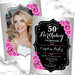 Elegant Silver Black Rosa Photo 50:e födelsedagen Inbjudningar<br><div class="desc">Femininininbjudan till elegantens blommigt på 50 års födelsedag med ditt foto på baksidan av kortet. Glam-design med faux silver. Funktioner rosa ros, typsnitt för skript och konfiguration. Perfekt för en snyggt vuxen under firande party. Anpassa med dina egna detaljer. Kan anpassas för vilken ålder som helst! Skrivna Zazzle-inbjudningar eller digital...</div>