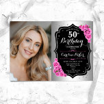Elegant Silver Black Rosa Photo 50:e födelsedagen Inbjudningar<br><div class="desc">Femininininbjudan till elegantens blommigt på 50 år med ditt foto. Glam-design med faux silver. Funktioner rosa ros, typsnitt för skript och konfiguration. Perfekt för en snyggt vuxen under firande party. Anpassa med dina egna detaljer. Kan anpassas för vilken ålder som helst! Skrivna Zazzle-inbjudningar eller digital utskrivbar mall för omedelbar nedladdning....</div>