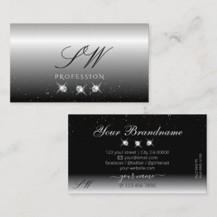 Elegant Silver Black Sparkling Diamonds Monogram Visitkort
