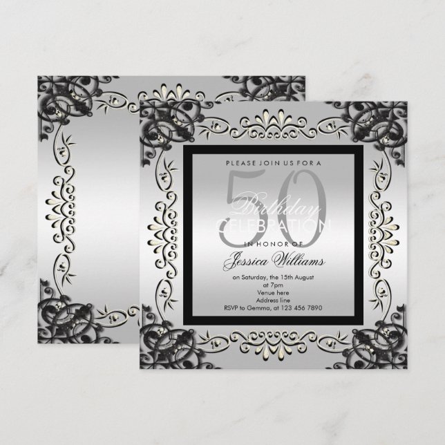 Elegant Silver & Black Women's 50:e födelsedagen Inbjudningar (Fram/baksida)