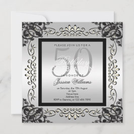 Elegant Silver & Black Women's 50:e födelsedagen Inbjudningar