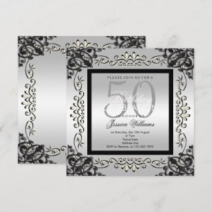 Elegant Silver & Black Women's 50:e födelsedagen Inbjudningar