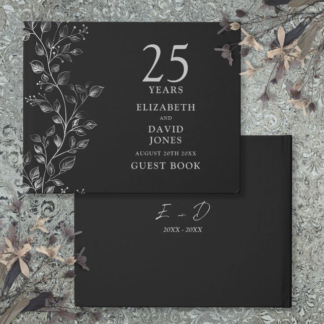 Elegant Silver Blommigt 25:e Bröllop-årsdagen Gästböcker (Elegant Silver Floral 25th Wedding Anniversary Guest Book)