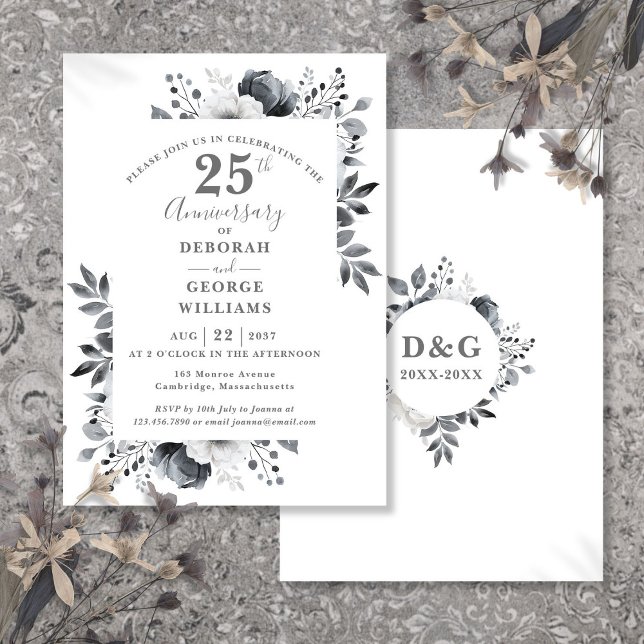 Elegant Silver Blommigt 25:e Bröllop-årsdagen Inbjudningar (Elegant Silver Floral 25th Wedding Anniversary Invitation)
