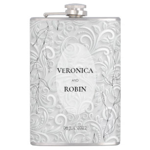 Elegant Silver Blommigt Bröllop-kolv - Personlig Fickplunta