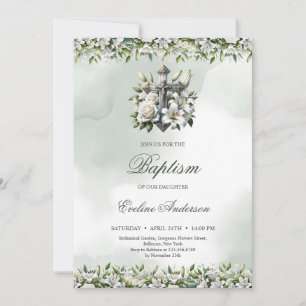 Elegant silver blommigt kor vita liljor Baptism Inbjudningar