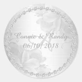 Elegant Silver Blommigt och Diamond Monogram Bröll Runt Klistermärke