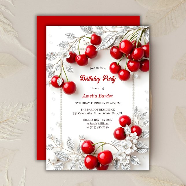 Elegant Silver Blommigt Red Cherry Födelsedagsfest Inbjudningar (Elegant Silver Floral Red Cherry Birthday Party Invitation)
