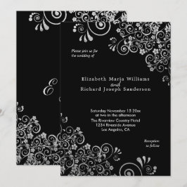Elegant Silver Blommigt Swirls Black Bröllop Inbjudningar