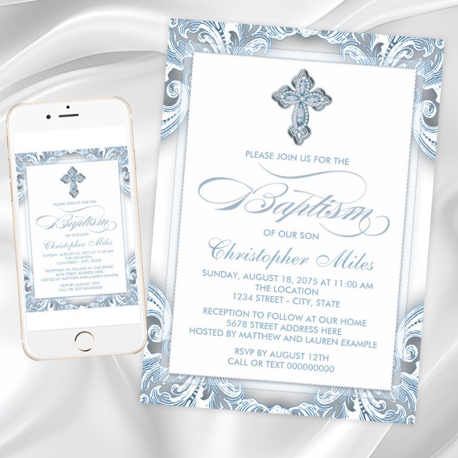 Elegant Silver Blue Baptism Inbjudningar (Blue and silver cross baptism invitation with script and cross on swirl back. Digital and print.)