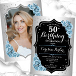 Elegant Silver Blue Black Photo 50:e födelsedagen Inbjudningar<br><div class="desc">Femininininbjudan till elegantens blommigt på 50 års födelsedag med ditt foto på baksidan av kortet. Glam-design med faux silver. Har lätt dammigt blått ro, skript och konetti. Perfekt för en snyggt vuxen under firande party. Anpassa med dina egna detaljer. Kan anpassas för vilken ålder som helst! Skrivna Zazzle-inbjudningar eller digital...</div>