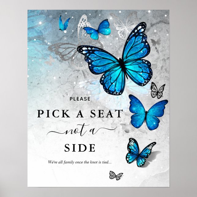 Elegant Silver Blue Butterfly Plocka a Seat Bröllo Poster (Framsidan)
