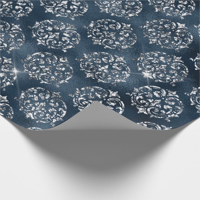 Elegant Silver Blue Damask-Helgdag - jul Presentpapper (Hörn)