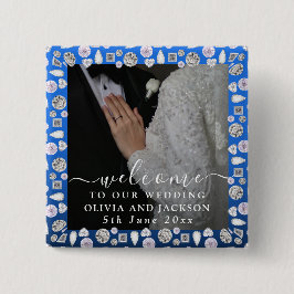 Elegant Silver Blue Heart Diamond Glitter Bröllop Knapp
