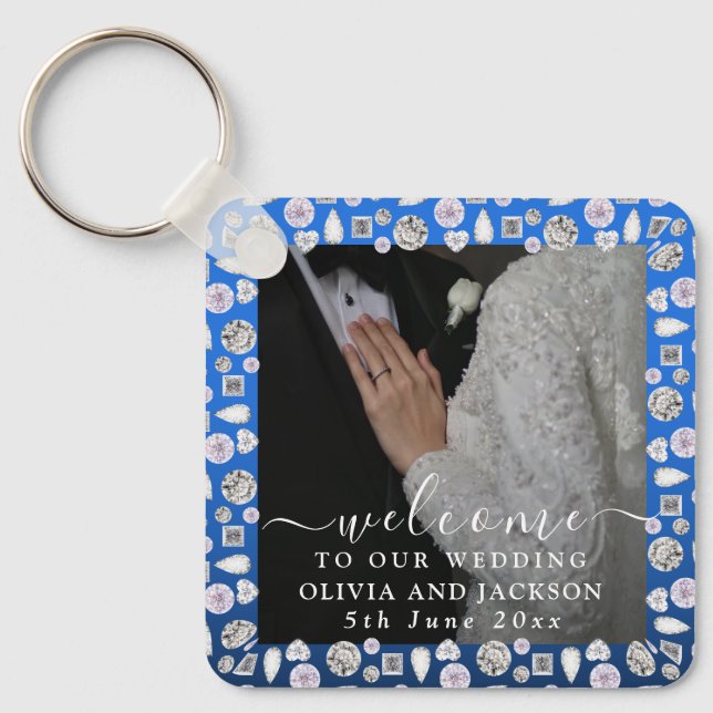 Elegant Silver Blue Heart Diamond Glitter Bröllop Nyckelring (Framsida)