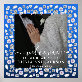 Elegant Silver Blue Heart Diamond Glitter Bröllop Poster