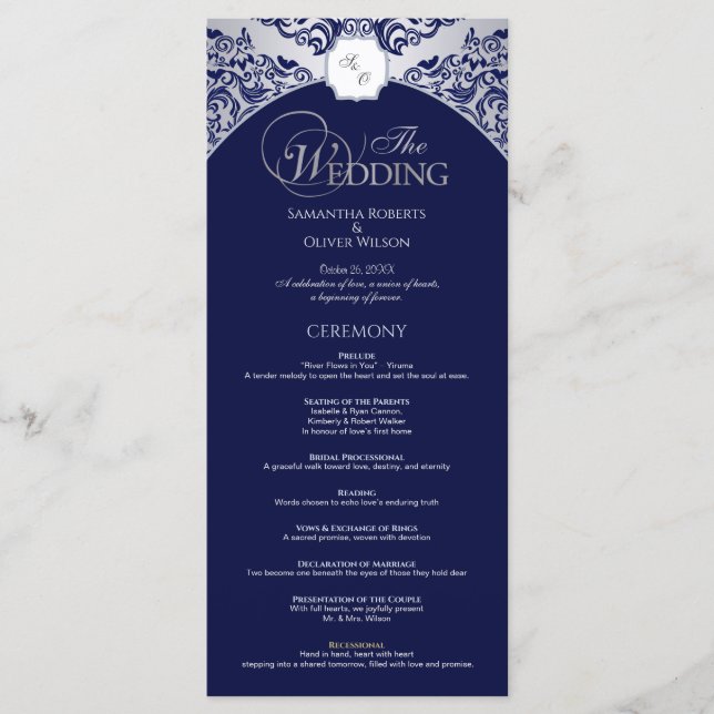 Elegant Silver Blue Monogram Bröllopsprogram Program (Framsida)