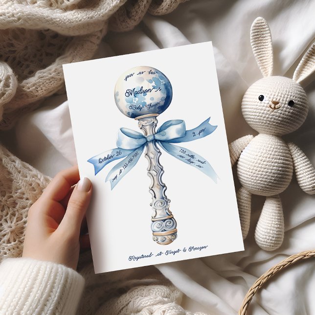 Elegant Silver Blue Rattle Bow Baby Shower Inbjudningar (Skapare uppladdad)