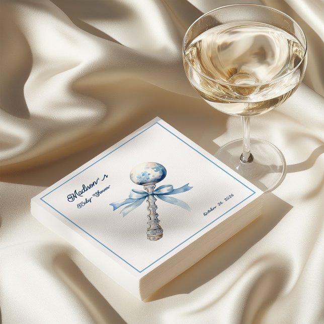 Elegant Silver Blue Rattle Bow Baby Shower Pappersservett (Skapare uppladdad)
