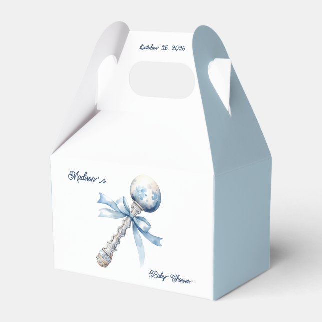 Elegant Silver Blue Rattle Bow Baby Shower Presentaskar (Framsidan Sidan)