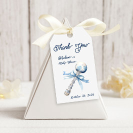 Elegant Silver Blue Rattle Bow Baby Shower Presentetikett