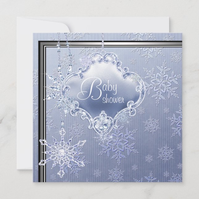 Elegant Silver Blue Snowflake Pojke Shower Inbjudningar (Framsida)