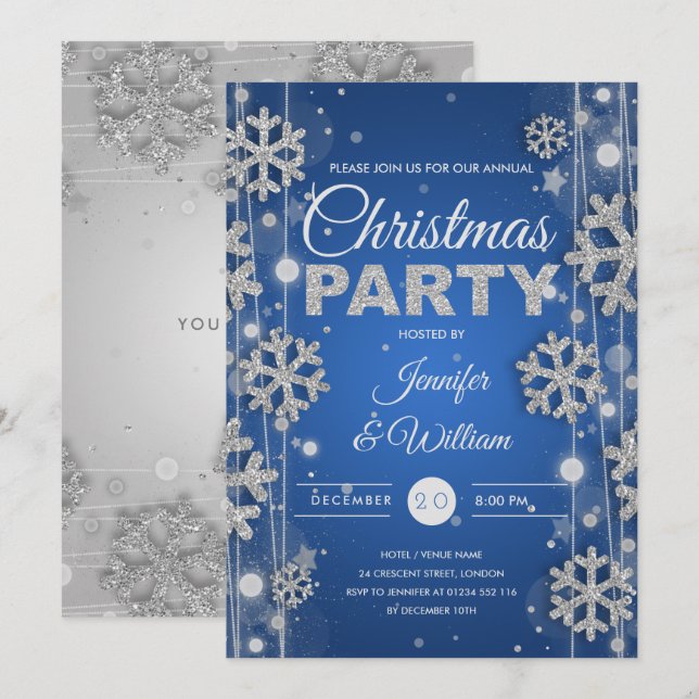 Elegant Silver Blue Winter Glam jul Party Inbjudningar (Fram/baksida)