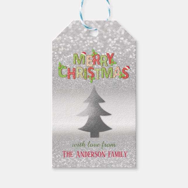 Elegant Silver Bokeh Julgran Presentetikett (Framsidan)