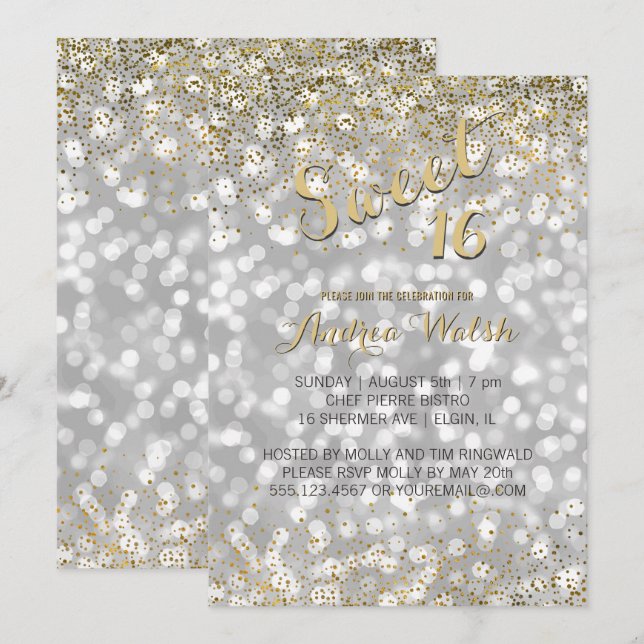 Elegant Silver Bokeh Ljus Guld Confetti Sweet 16 Inbjudningar (Fram/baksida)