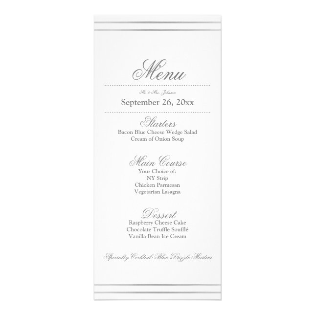 Elegant Silver Border Wedding Dinner Menu Reklamkort (Framsidan)