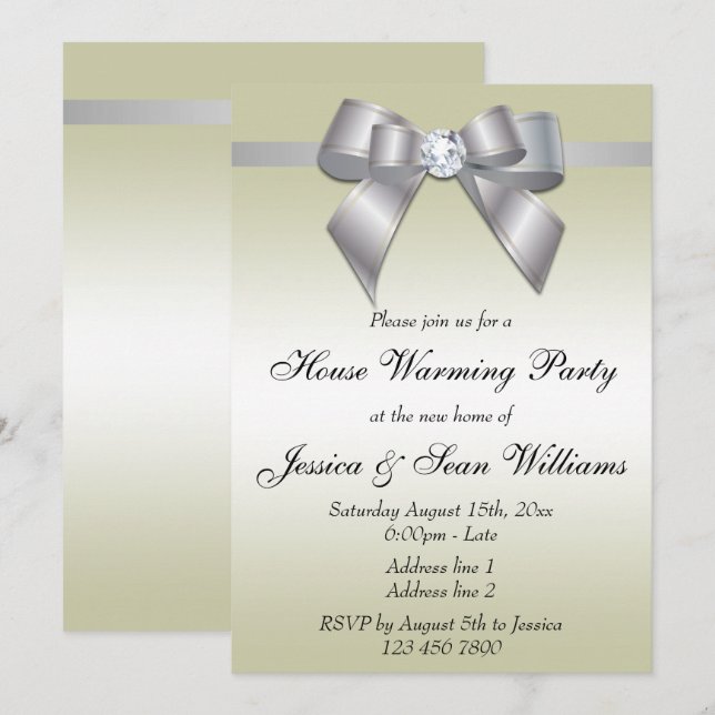 Elegant Silver Bow House Warming Party Inbjudningar (Fram/baksida)
